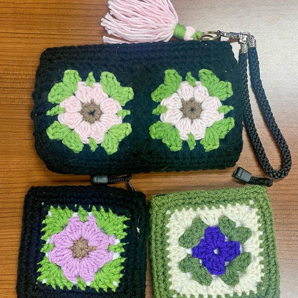 Handcrafted Crochet Floral Bag Set - Black, Green, Pink